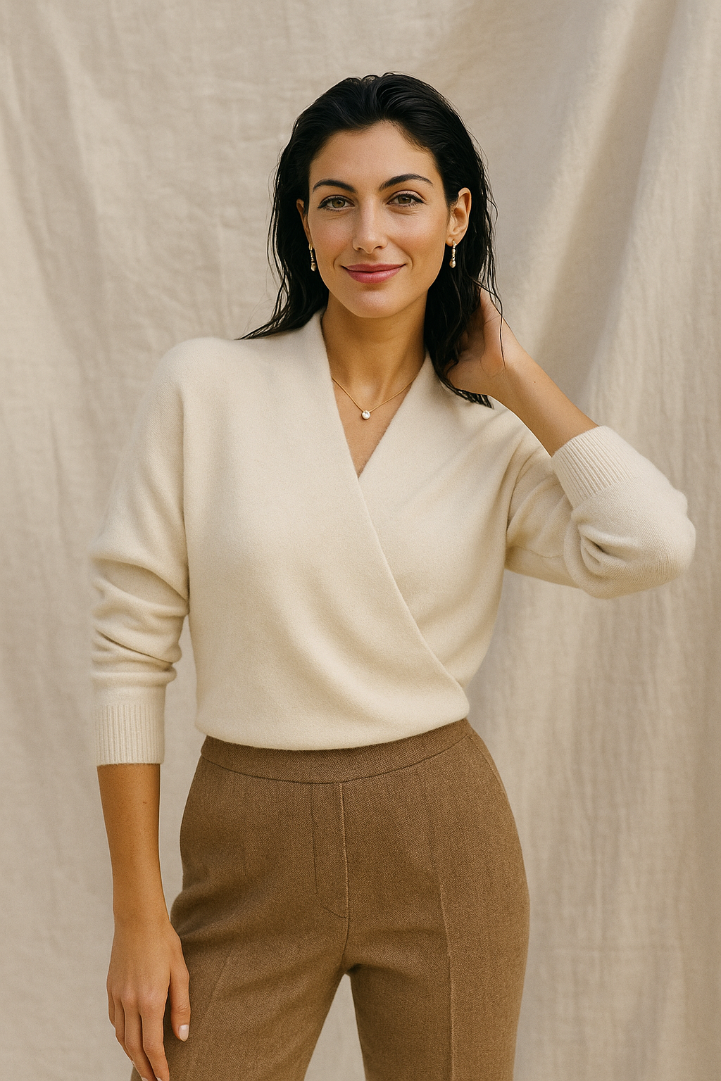 Dames Wrap Sweater in Brei met V-Hals en Geribbelde Zoom